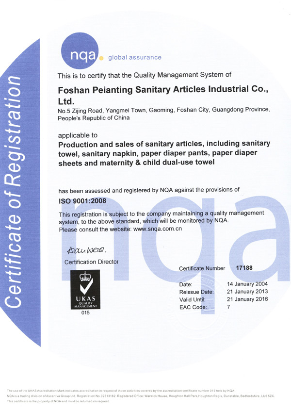 ISO9001證書（英文）-佩 安婷